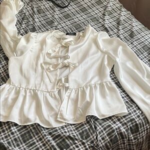 AKIRA White Satin Blouse with Ribbon Accents